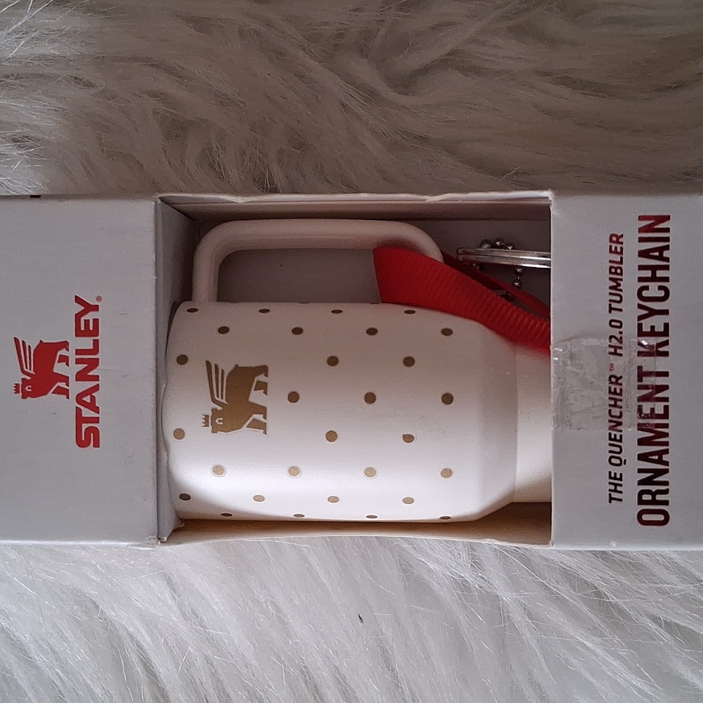 Stanley Tumbler Ornament Keychain White with Gold Dots